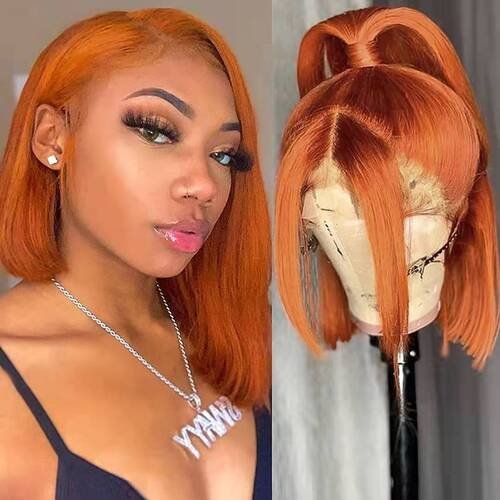 orange straight short Bob wigs transparement lace front human hair For Women 13x4 Lace Wig